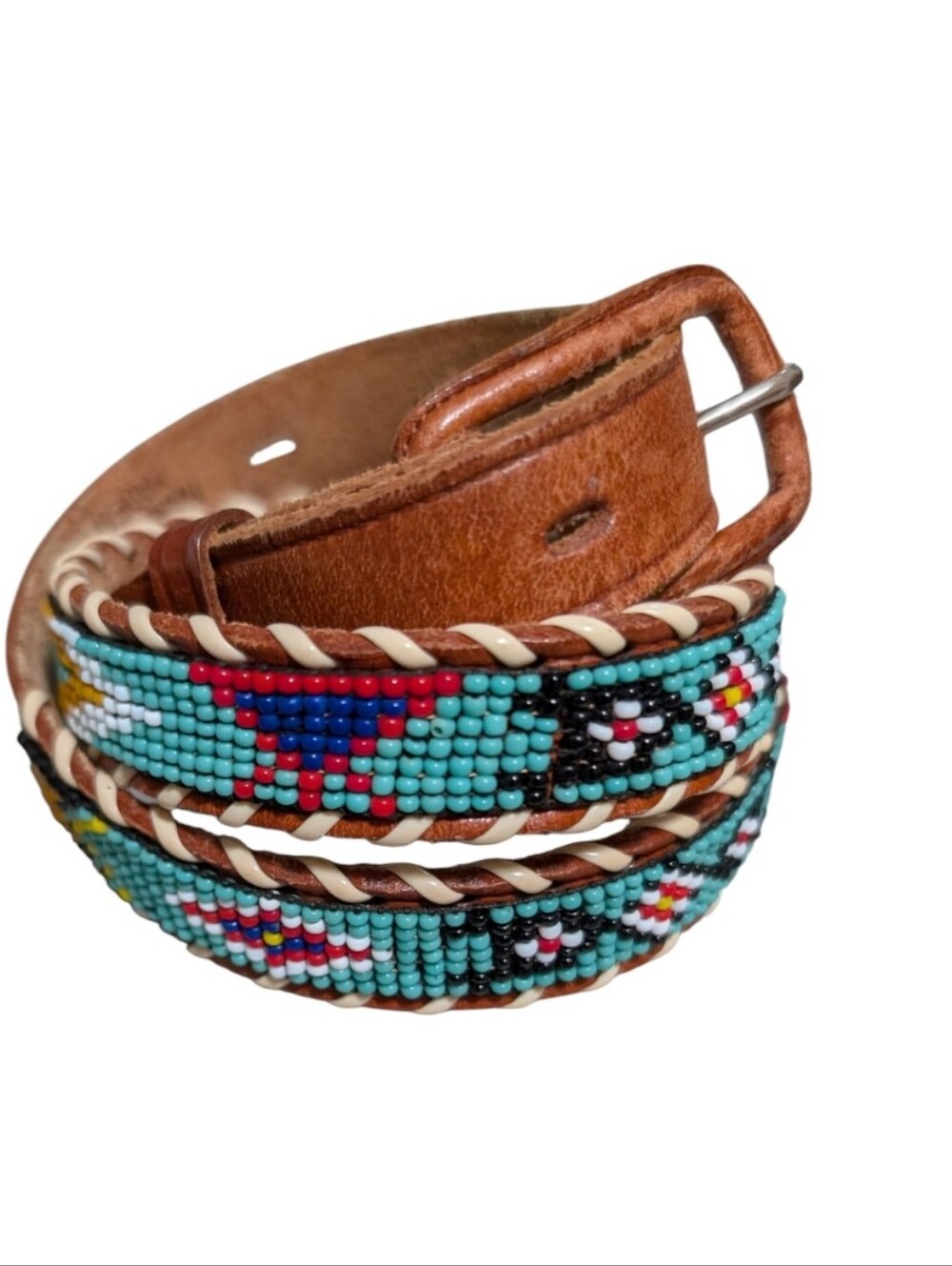 Vintage Southwestern hand beaded cowhide leather belt size 26 souvenir Native